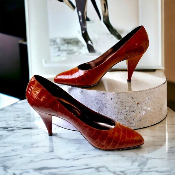 Mr. Jay Vintage 80's Italian Brown Croc Print Leather Pump Pointed Toe - Picture 4 of 16